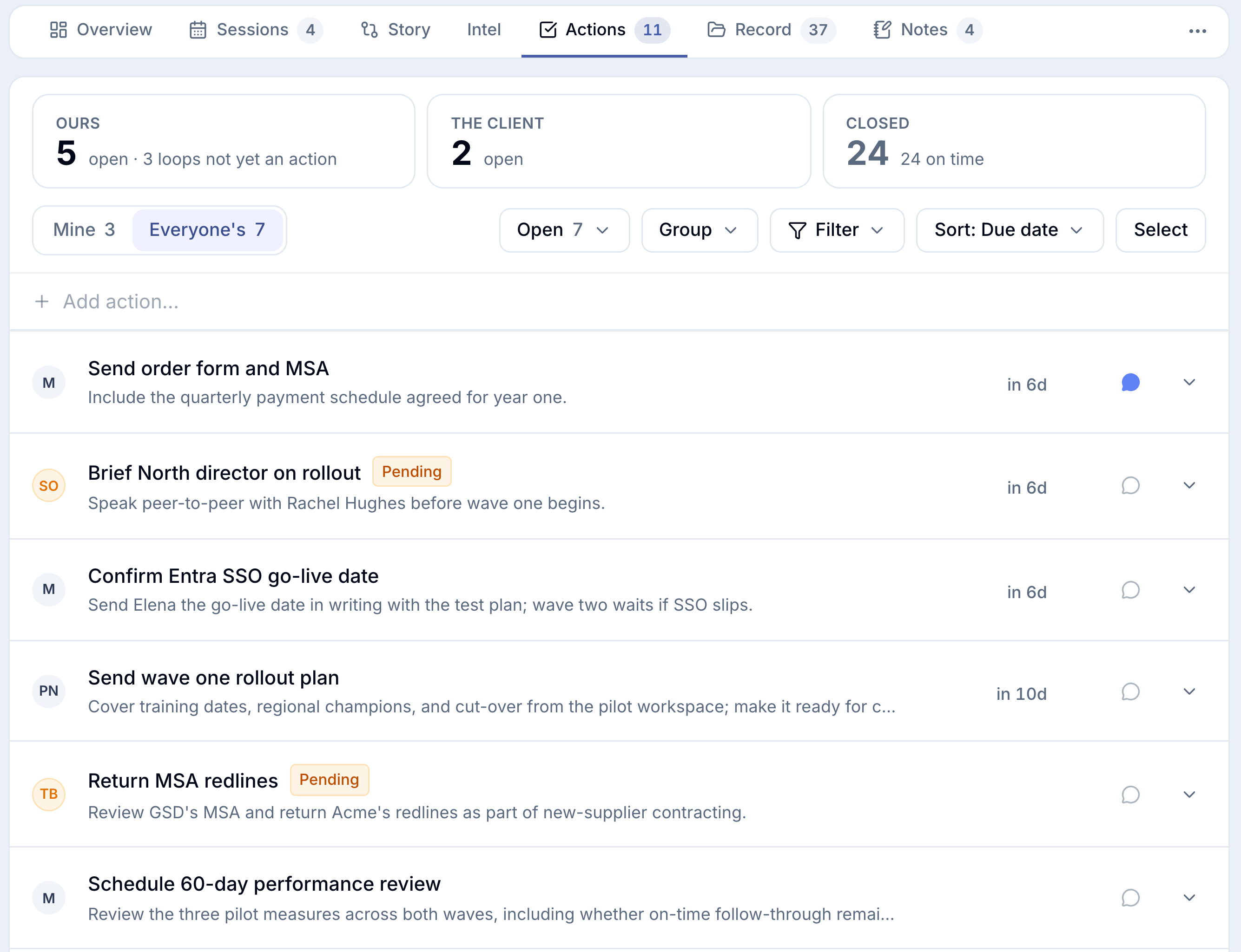 The Actions tab: ours, the client's and closed, each action with owner and due date